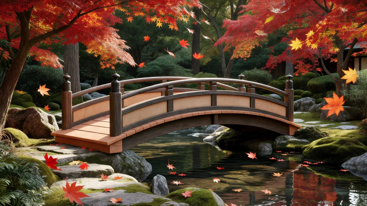 紅葉に囲まれた粘土橋の秋景色