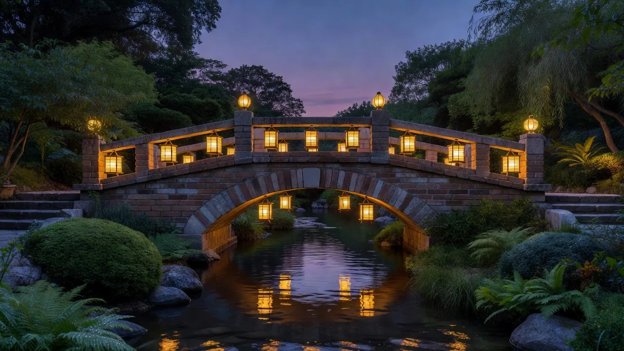 灯籠に照らされる夕暮れの橋