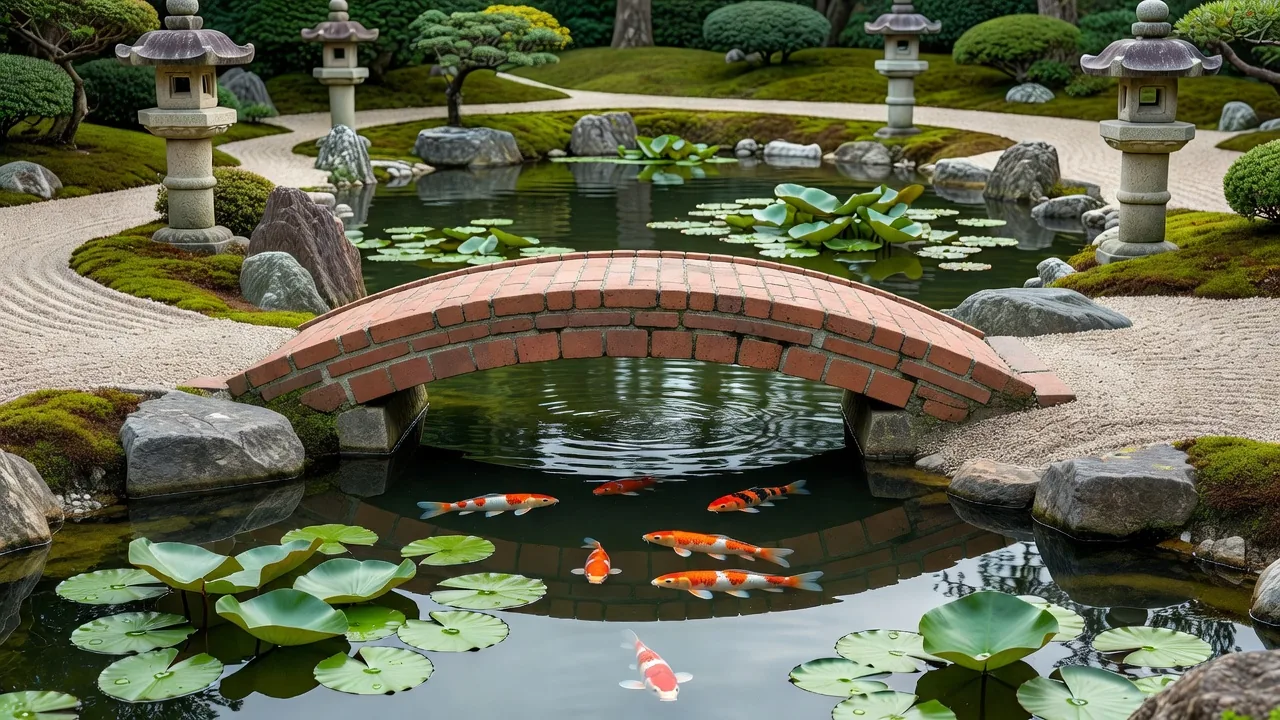 橋の上から眺める錦鯉の池
