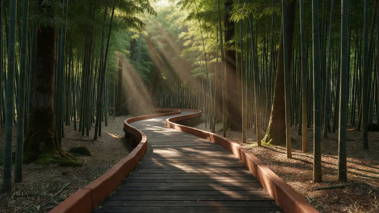 竹林の中の木と粘土の遊歩道