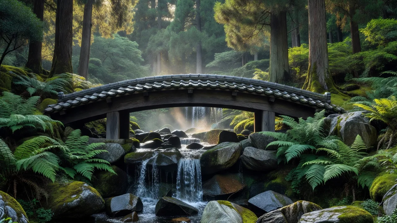 山間の滝と粘土・木の橋
