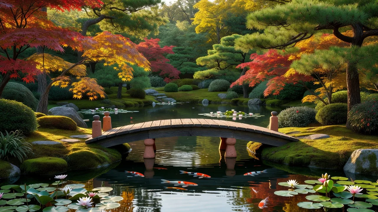 睡蓮と錦鯉の見える橋